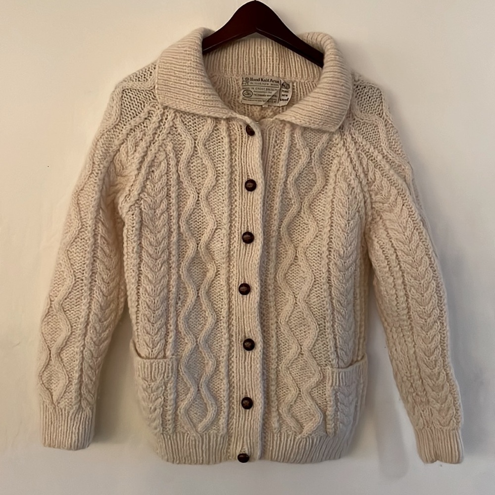 Vintage Aran Irish Wool Cardigan. Made in Edinburgh, Scotland.